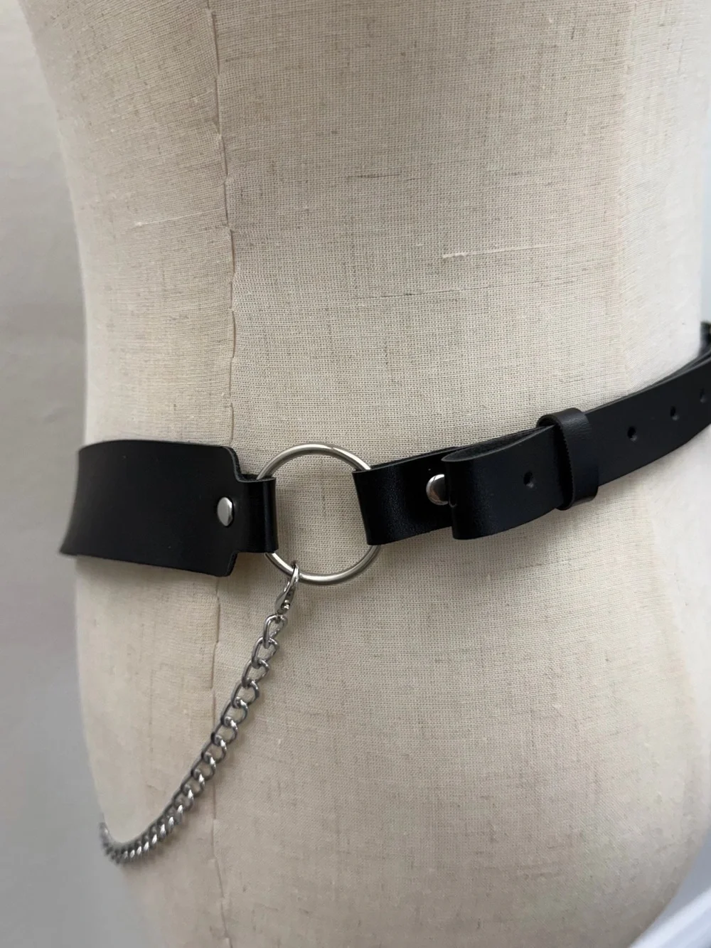 Black Faux Leather Chain Waist Belt Adjustable Removable Chain Goth Punk